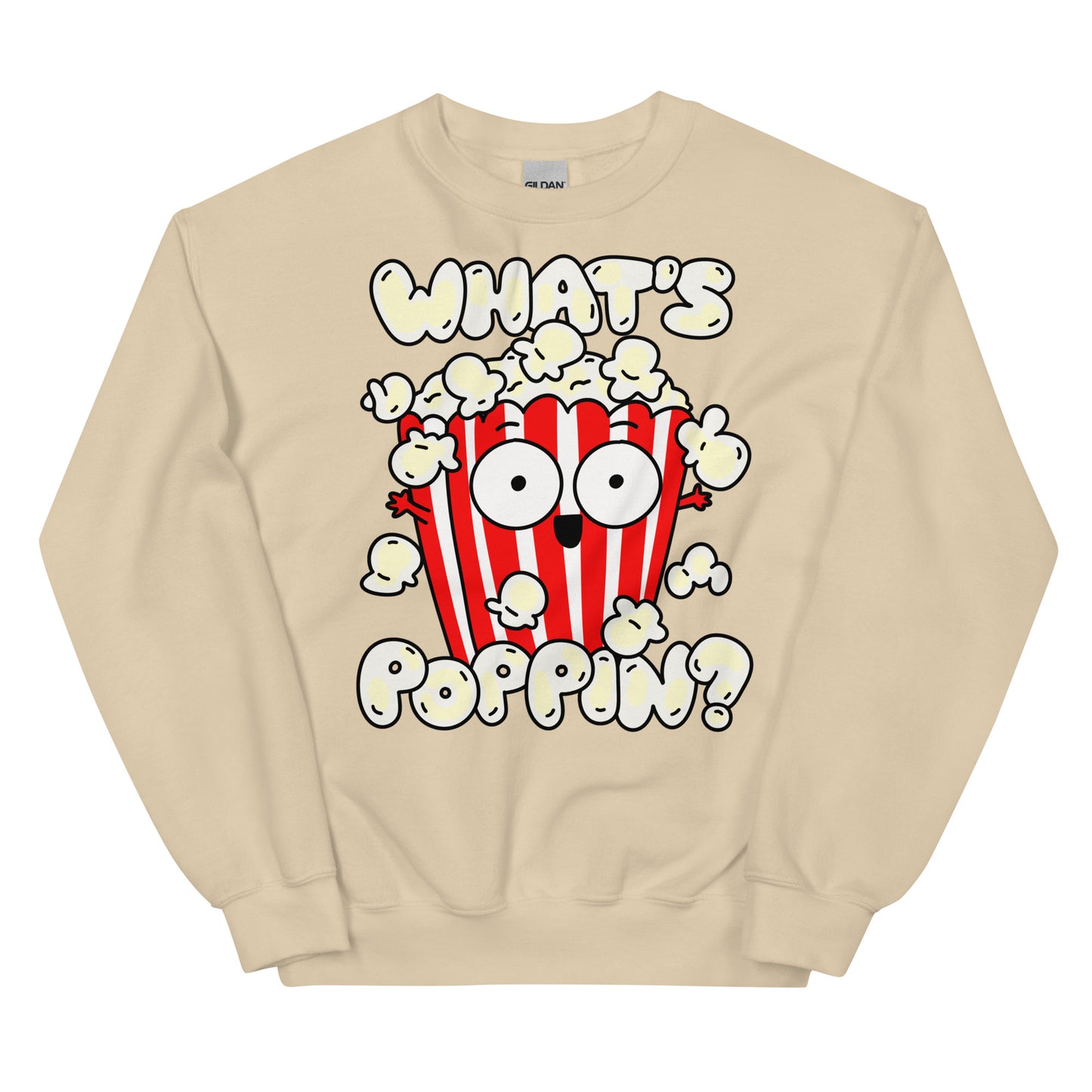Keep warm and trendy with the Funny Popcorn Sweatshirt in a nice neutral khaki With its witty "What's poppin!?" design, this sweatshirt is a must-have for those who enjoy clever puns. Crafted from cozy materials, it's the ideal pick for a laid-back outing or a cozy night in.