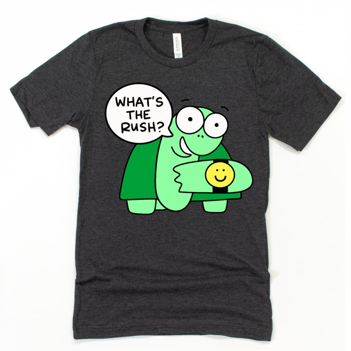 Heather Dark Grey turtle t-shirt with hand-drawn cartoon turtle and laid-back “What’s the Rush?” message