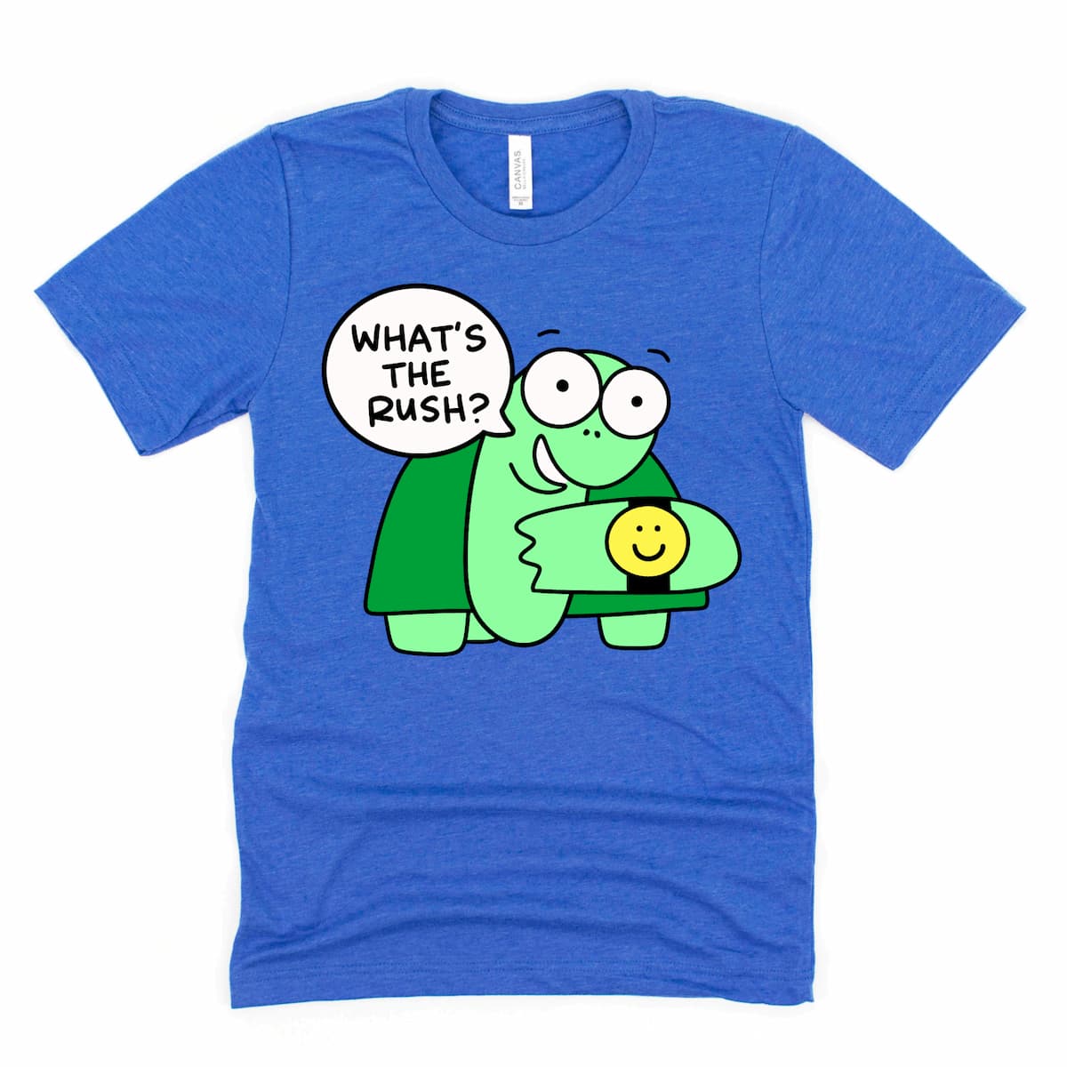 Cartoon turtle shirt in Heather True Royal with smiling turtle and yellow watch that says "What’s the Rush?"