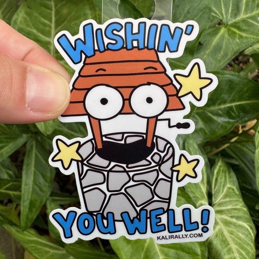 Cheerful water bottle sticker with cartoon wishing well – “Wishin’ you well!” decal for water bottles and laptops by Kalirally