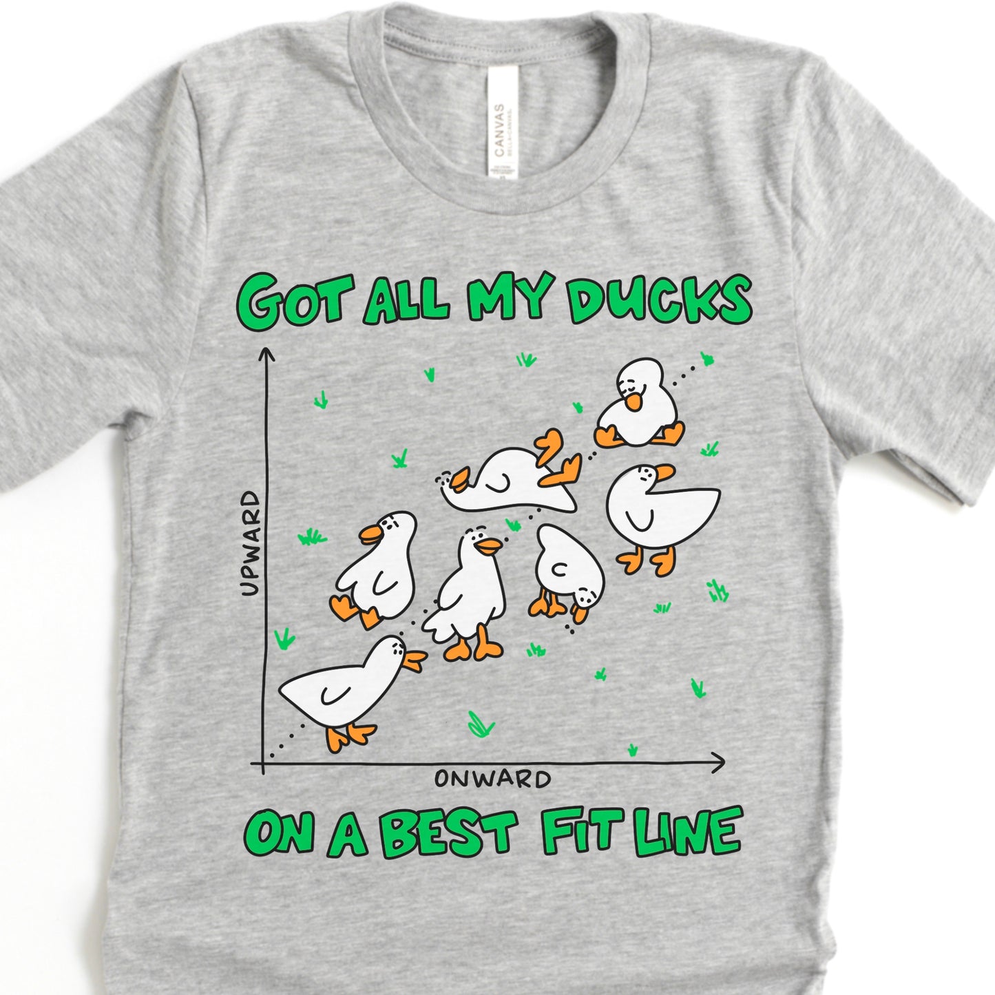 Athletic grey flat lay of clever math t-shirt with duck regression line joke. Great gift for science lovers and witty math minds.