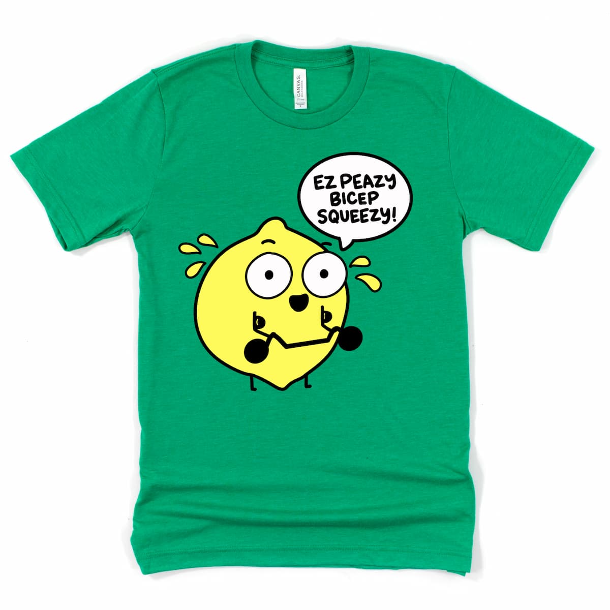 Heather Kelly Green funny workout shirt with lemon lifting barbell – flat lay for gym shirt, by Kalirally