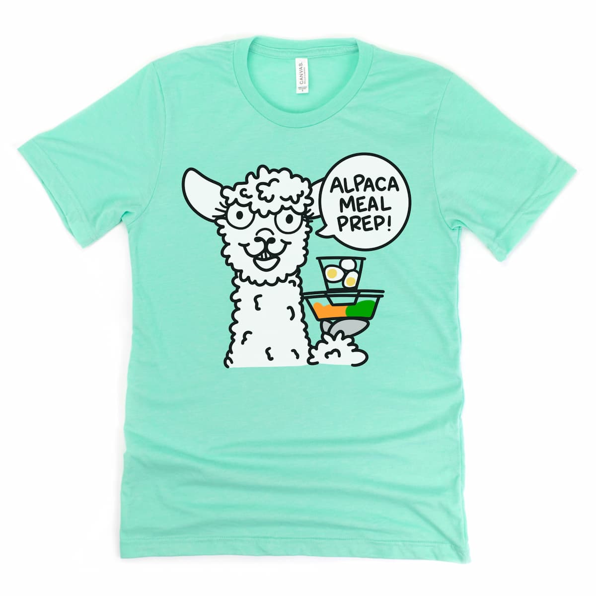Alpaca meal prep graphic on a mint green workout shirt for lifters