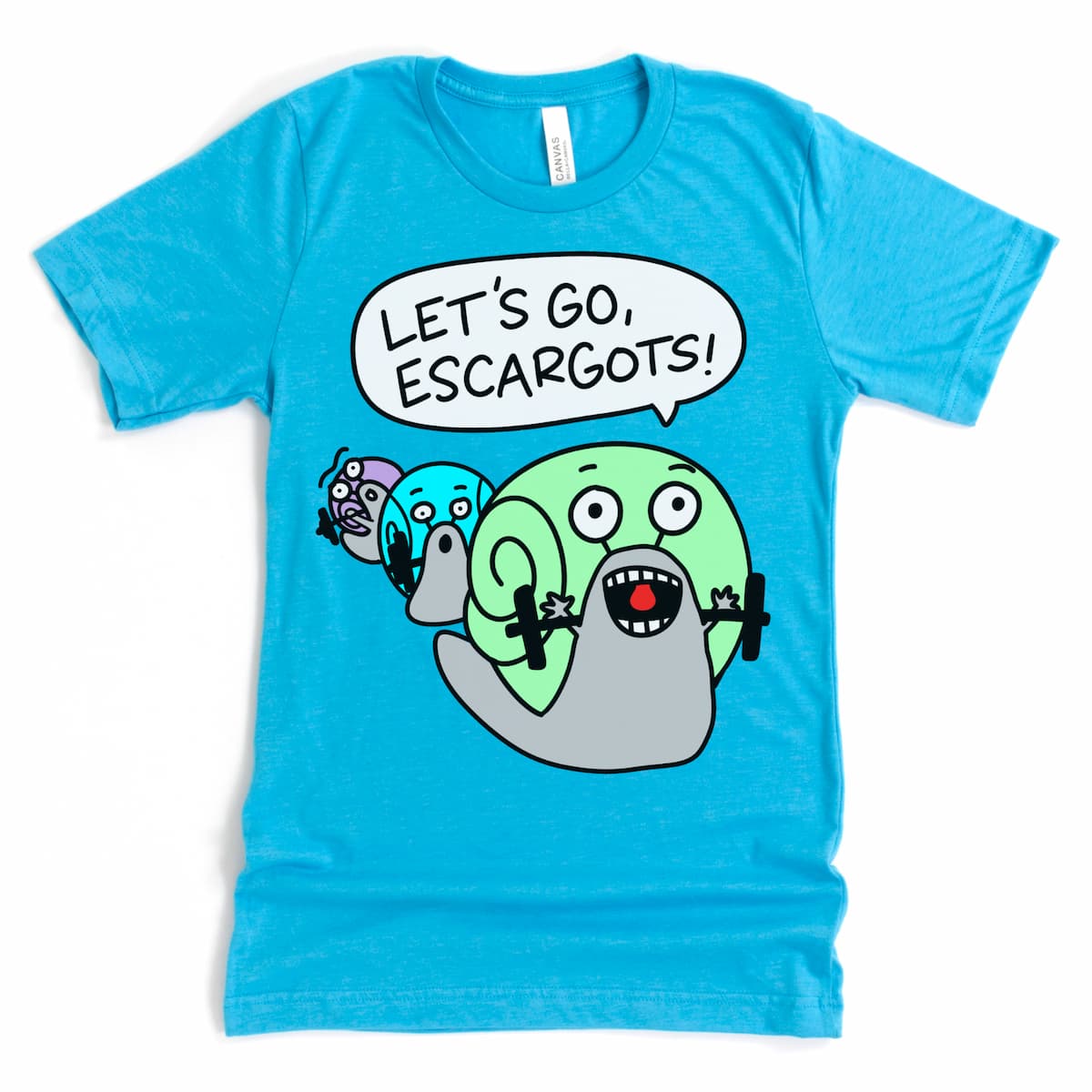 Heather aqua blue shirt with three snails lifting barbells and yelling. A weird gym clothes pick for lifters who get it.