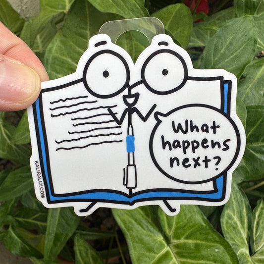 Writer sticker with cartoon journal saying "What happens next?" – fun creative writing decal by Kalirally