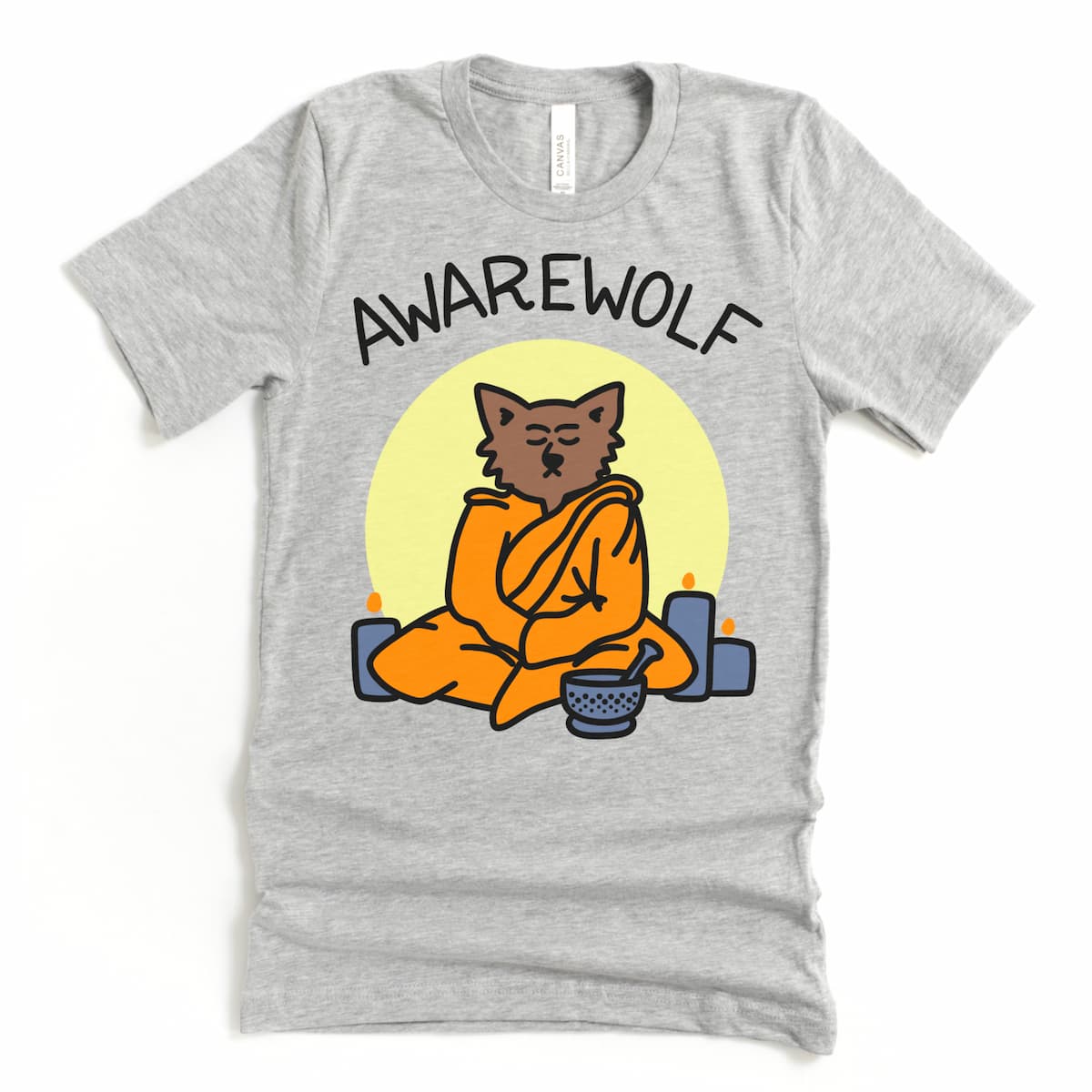 Athletic gray Halloween yoga shirt with a zen-like wolf seated before a full moon, candles lit and sound bowl centered.