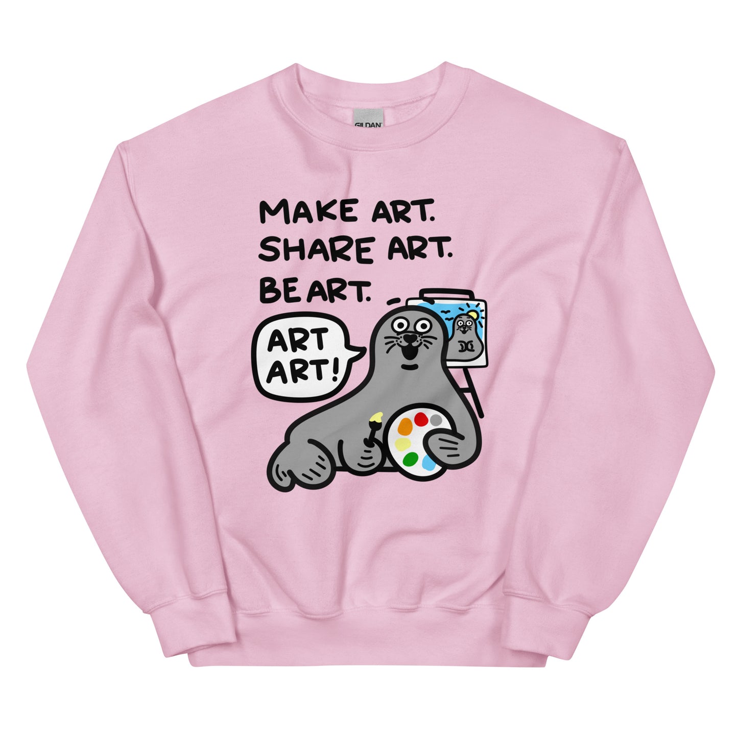 Looking for the perfect gift for your art teacher or wanting to showcase your artistic flair? Look no further than this playful sweatshirt featuring a seal with a color palette and work in progress. The bold message, "Create art, spread art, embody art - ART ART!" will inspire laughter and creativity. Order now!