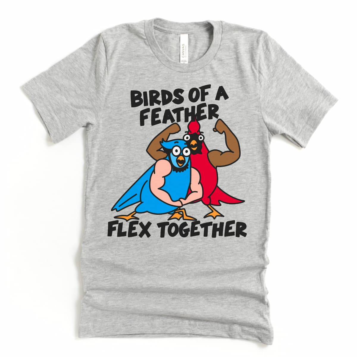 Funny birds with arms shirt in athletic grey Bella Canvas 3001 flat lay mock up — perfect for gym lovers who love to flex or bird lovers with a sense of humor.