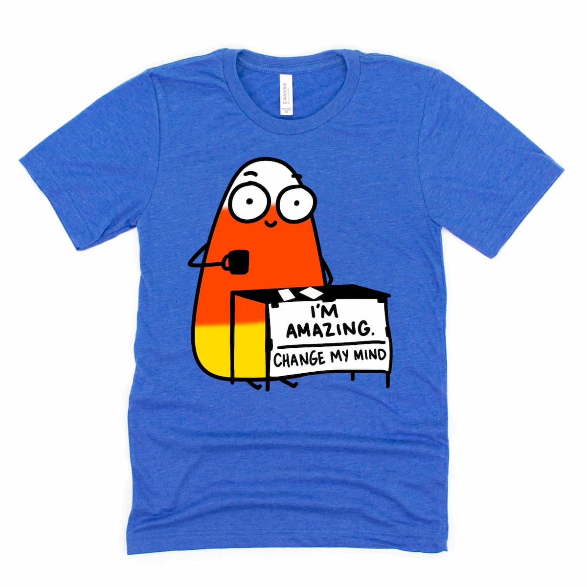Candy corn shirt in heather royal blue, perfect for Halloween season – Kalirally