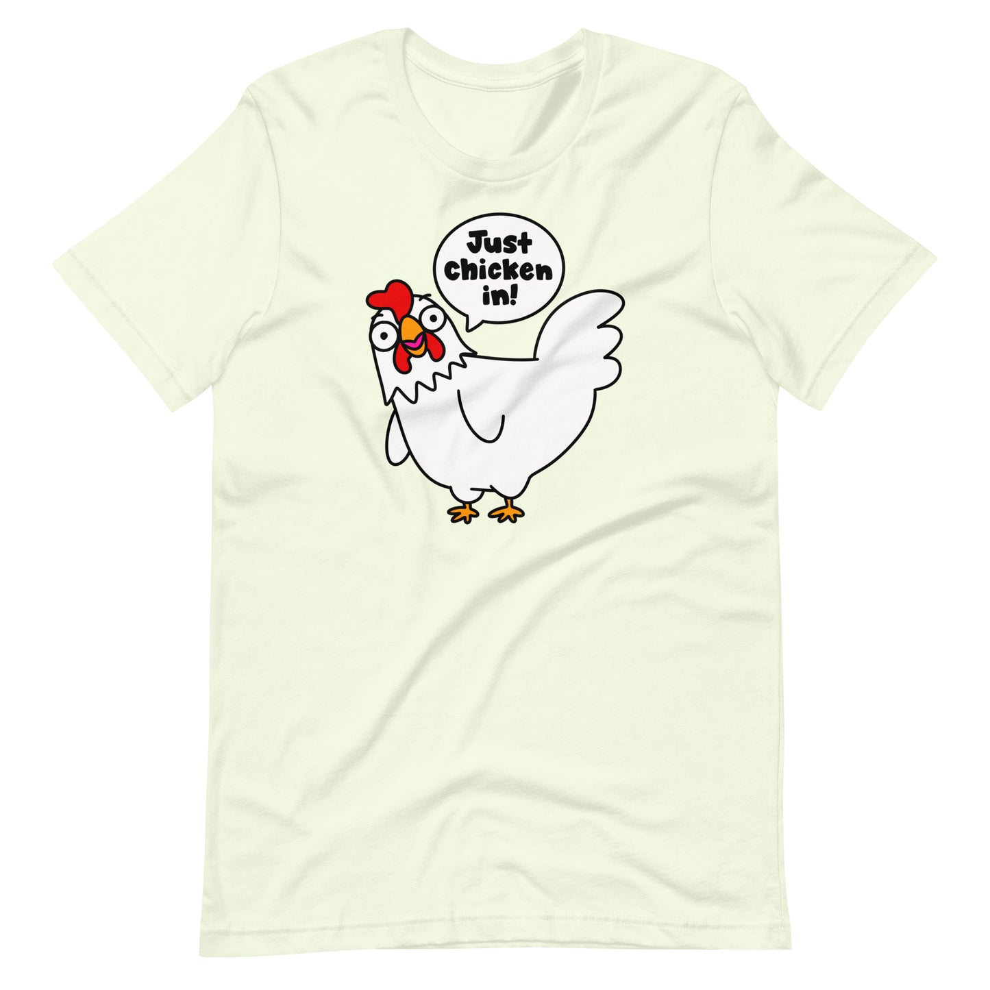 Cluck up your wardrobe with our humorous chicken t-shirt, the "Just chicken in" shirt. Perfect for those who love word play and quirky fashion statements. Show off your playful side with this one-of-a-kind tee in light yellow - also called "Citron" for the Bella and Canvas 3001 unisex tee model.