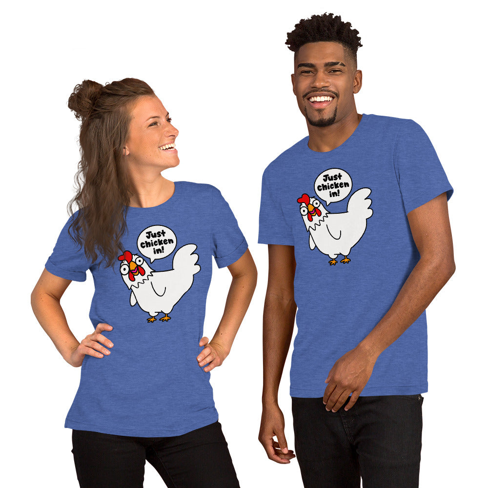 Check out our silly chicken t-shirt, the "Just chicken in" shirt. Perfect for those who love word play and quirky fashion statements. Show off your playful side with this one-of-a-kind tee in royal heather blue.