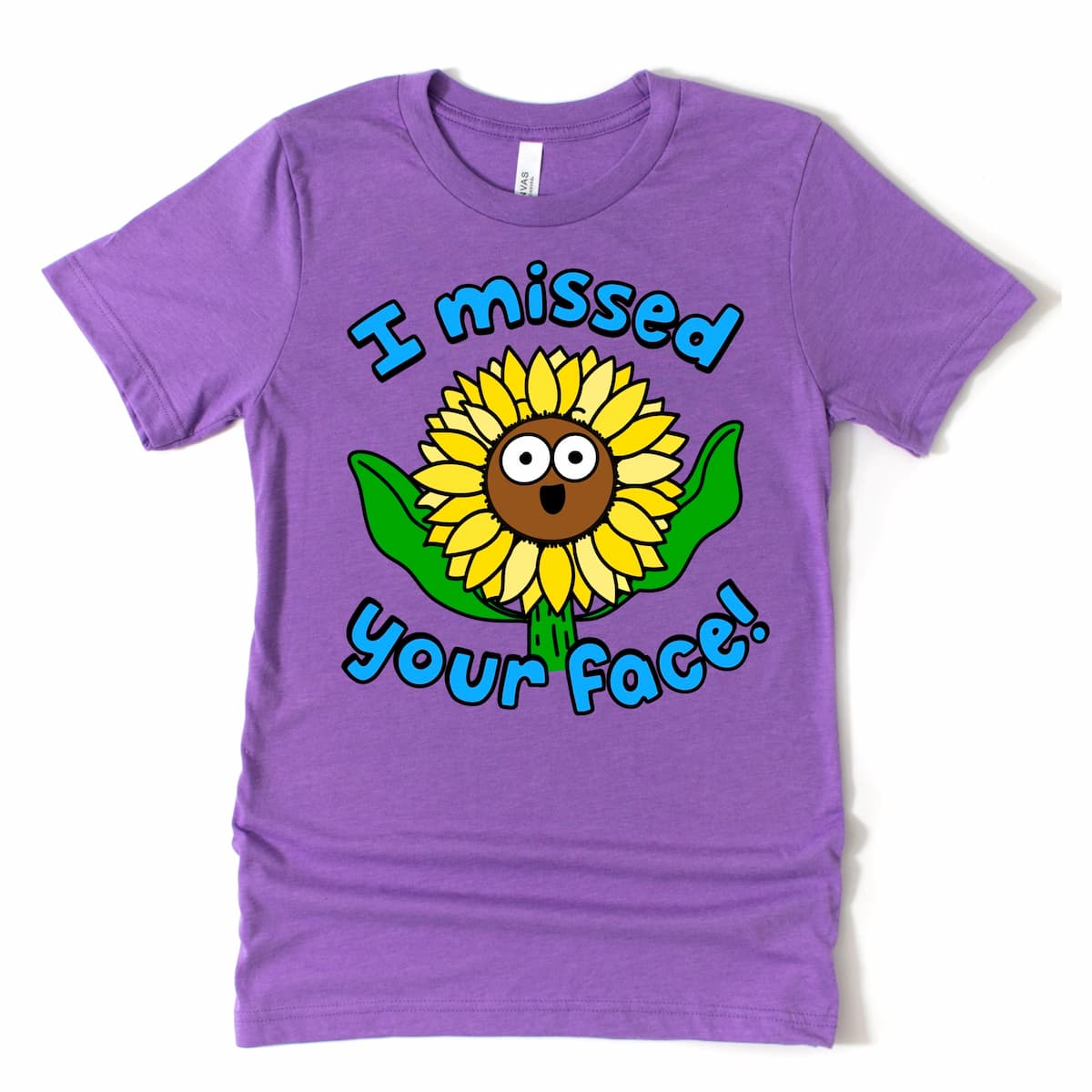 Funny reunion t-shirt in heather team purple with an illustrated SunFlower and “I missed your face!” message – Kalirally