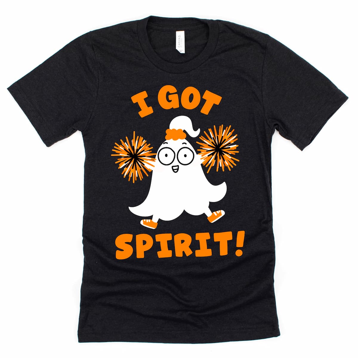 Halloween funny shirt in heather black featuring “I Got Spirit!” ghost cheer design – Kalirally