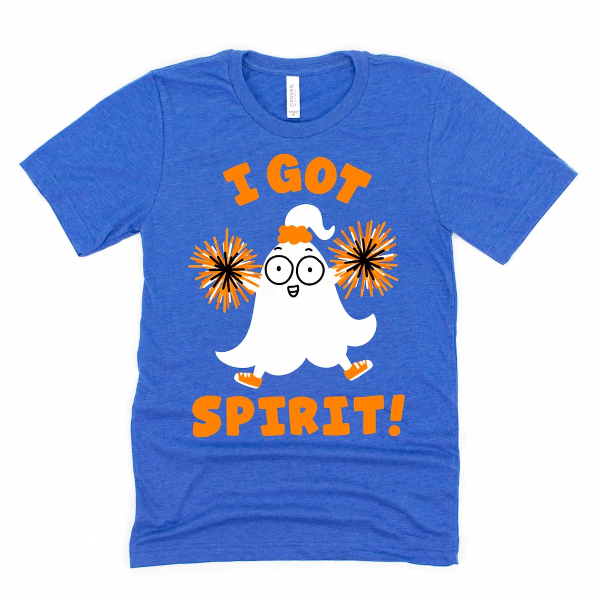 Heather royal blue Halloween funny shirt showing “I Got Spirit!” ghost cheer tee – Kalirally