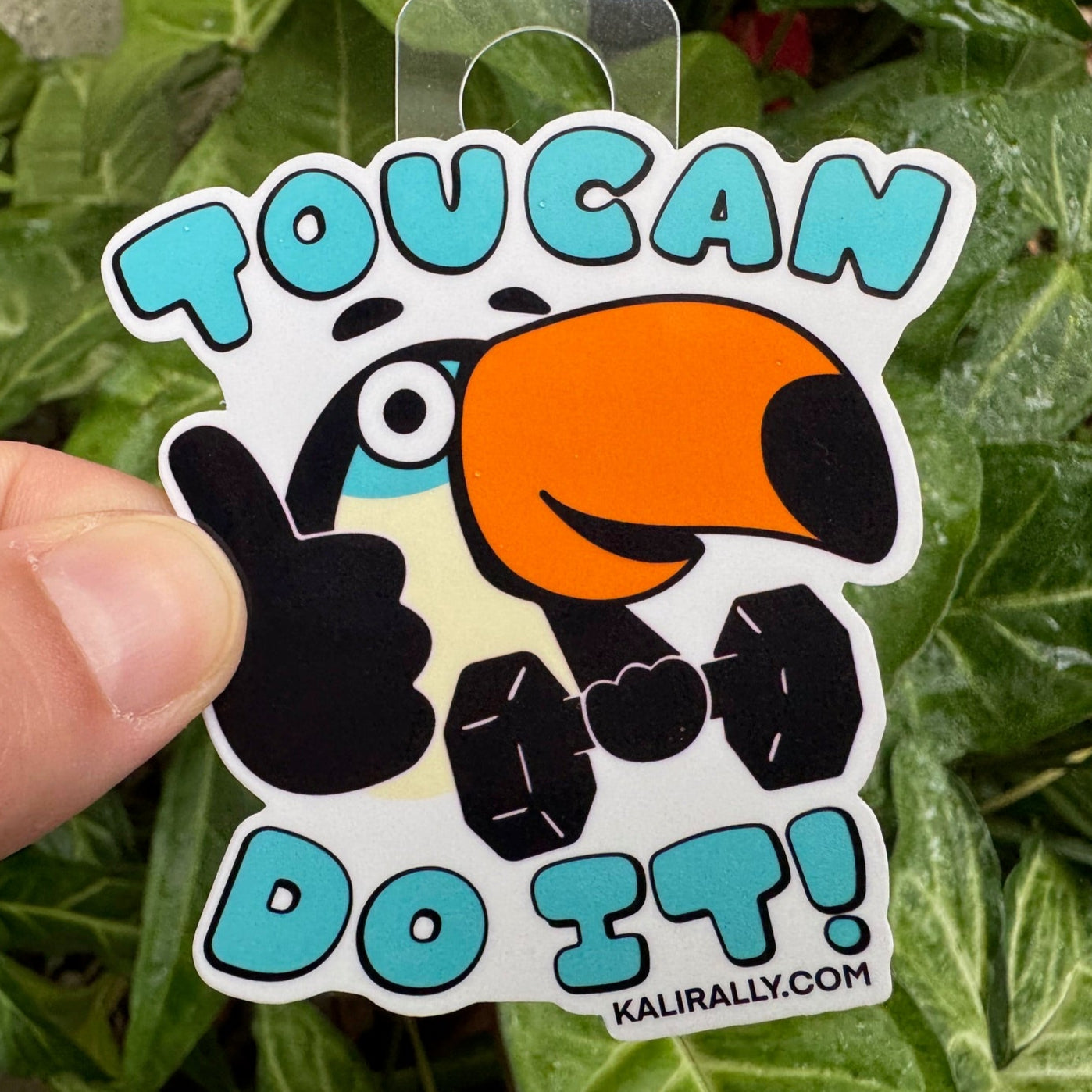 Motivational gym sticker with cartoon toucan lifting a barbell – Toucan do it design by Kalirally