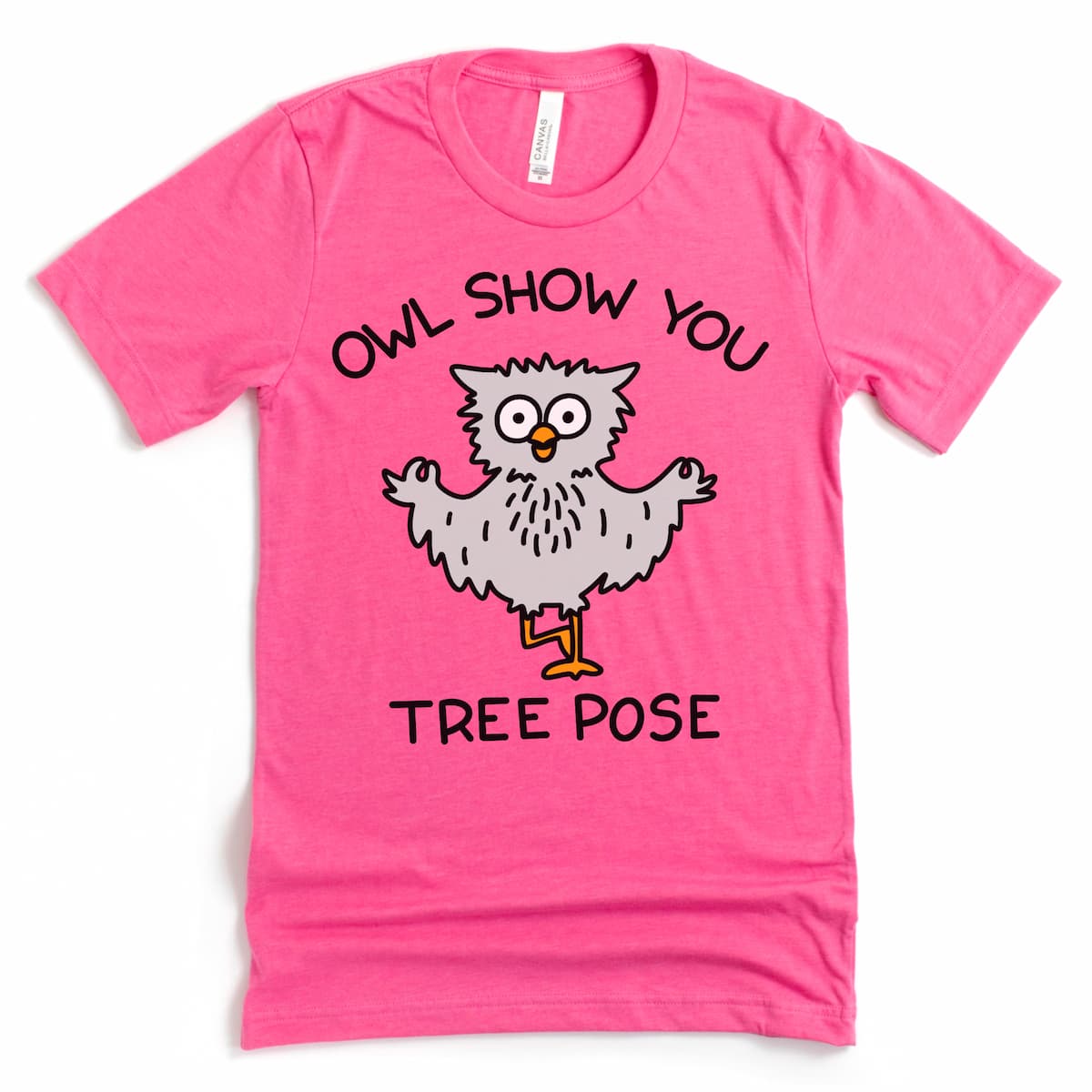 Owl in tree pose cartoon on pink yoga tee, flat lay mockup – Kalirally