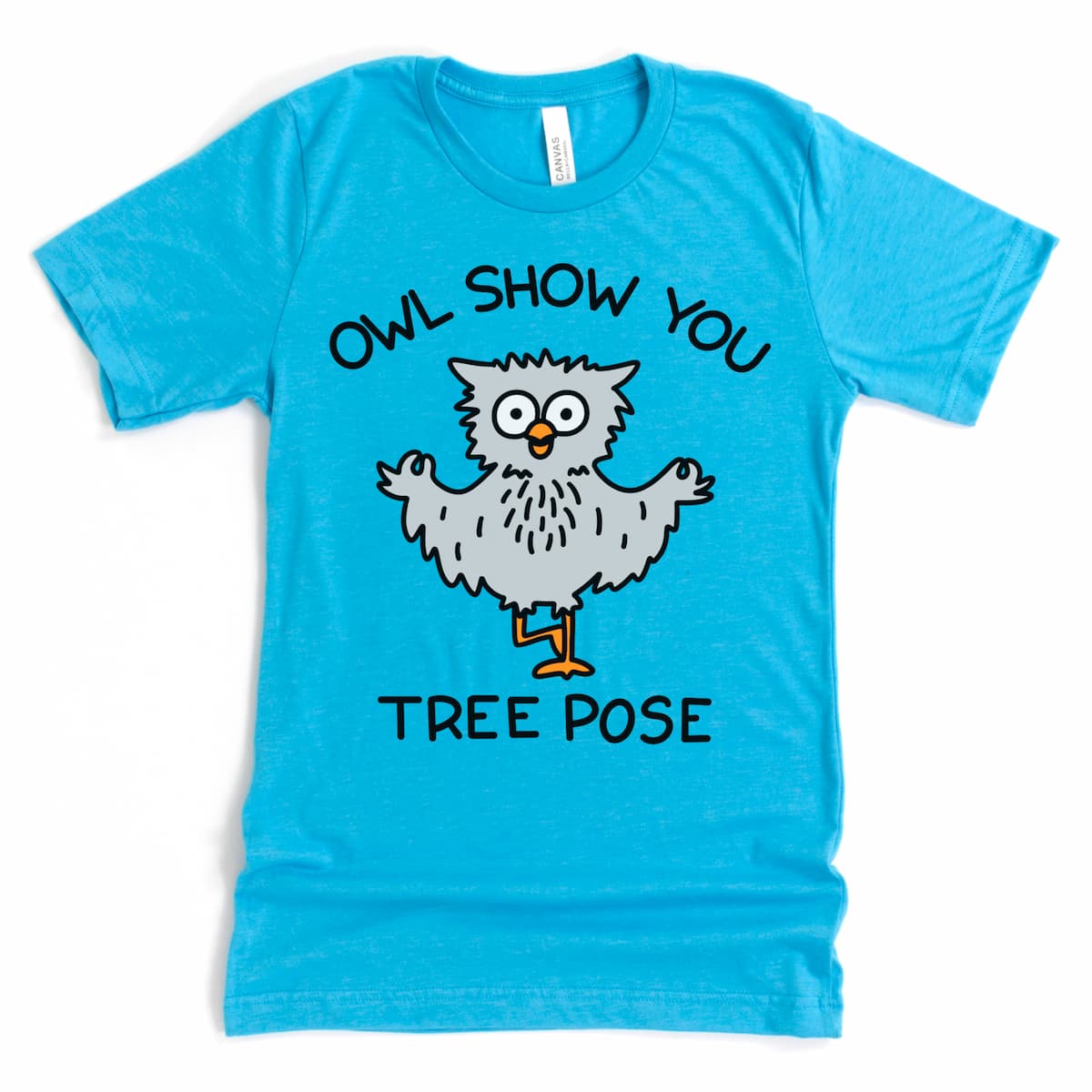 “Owl Show You Tree Pose” cartoon owl yoga tee on heather dust shirt – by Kalirally