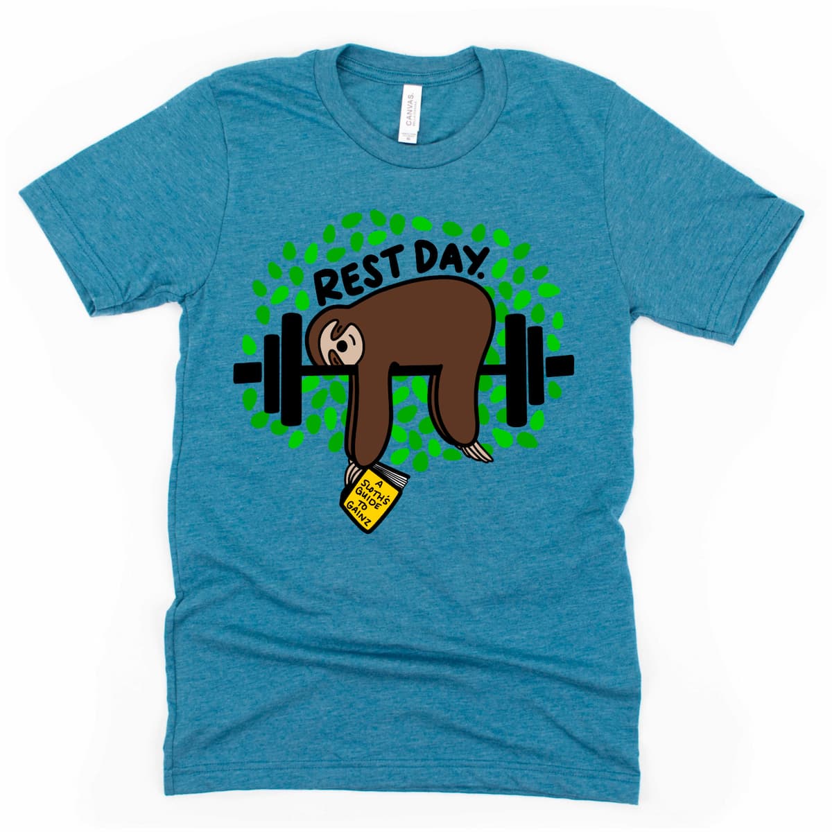 Heather Deep Teal Rest Day shirt with chill cartoon sloth on a barbell – perfect gym graphic tee for recovery days
