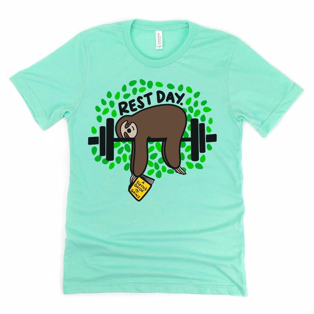Rest Day tee in Heather Mint with relaxed sloth reading “A Sloth’s Guide to Gainz” – funny gym graphic tee for women