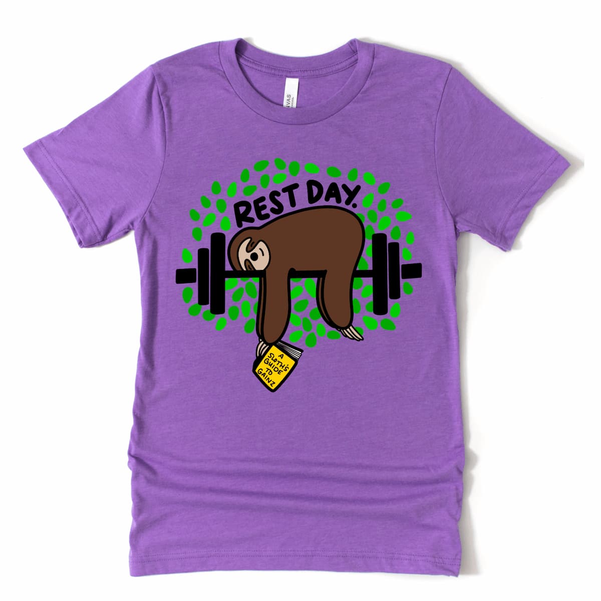 Funny sloth gym rest day t-shirt in Heather Team Purple, cartoon sloth lounging with book – gym graphic tees women's