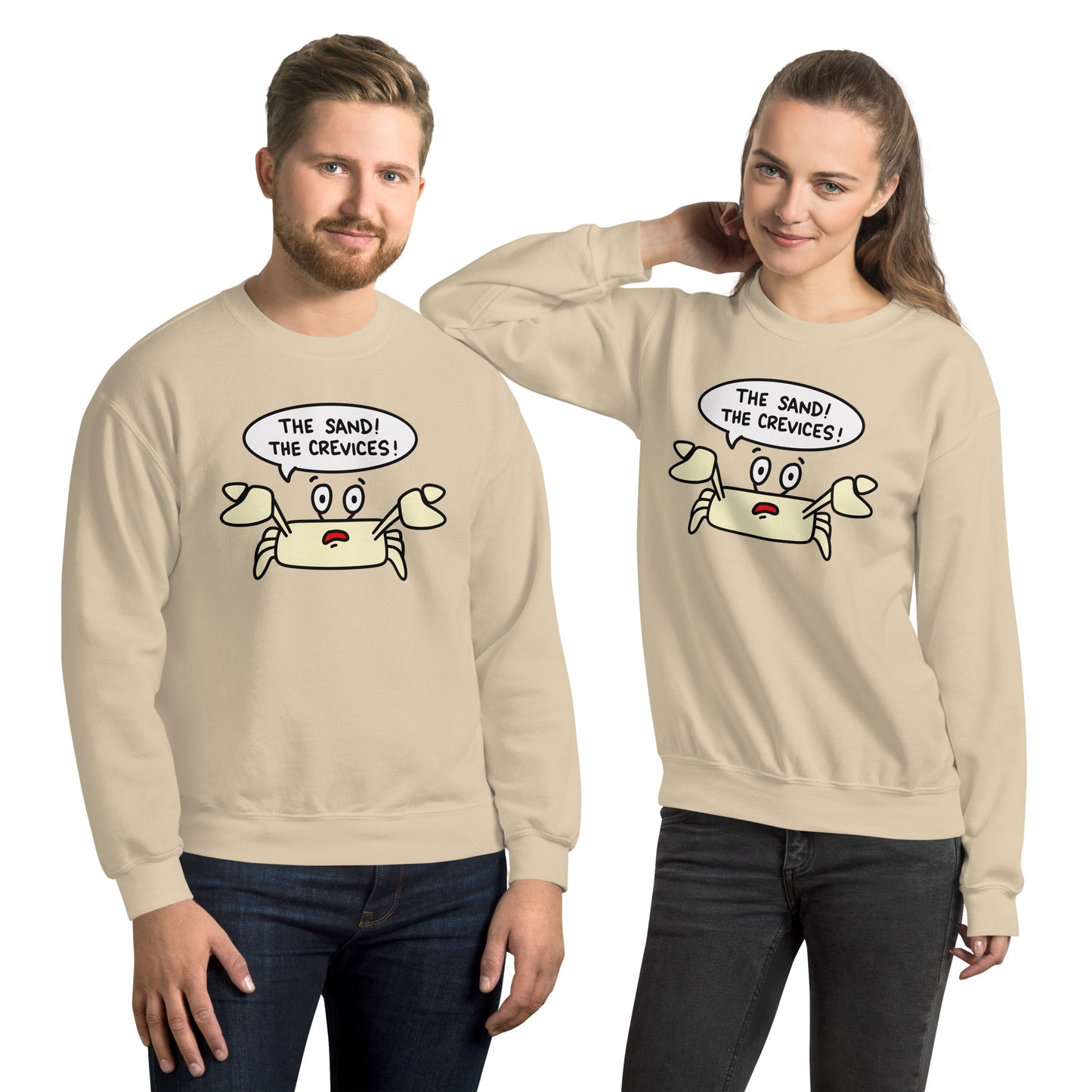 Funny beach sweatshirt for beach lover, "The sand, the crevices!" graphic shirt