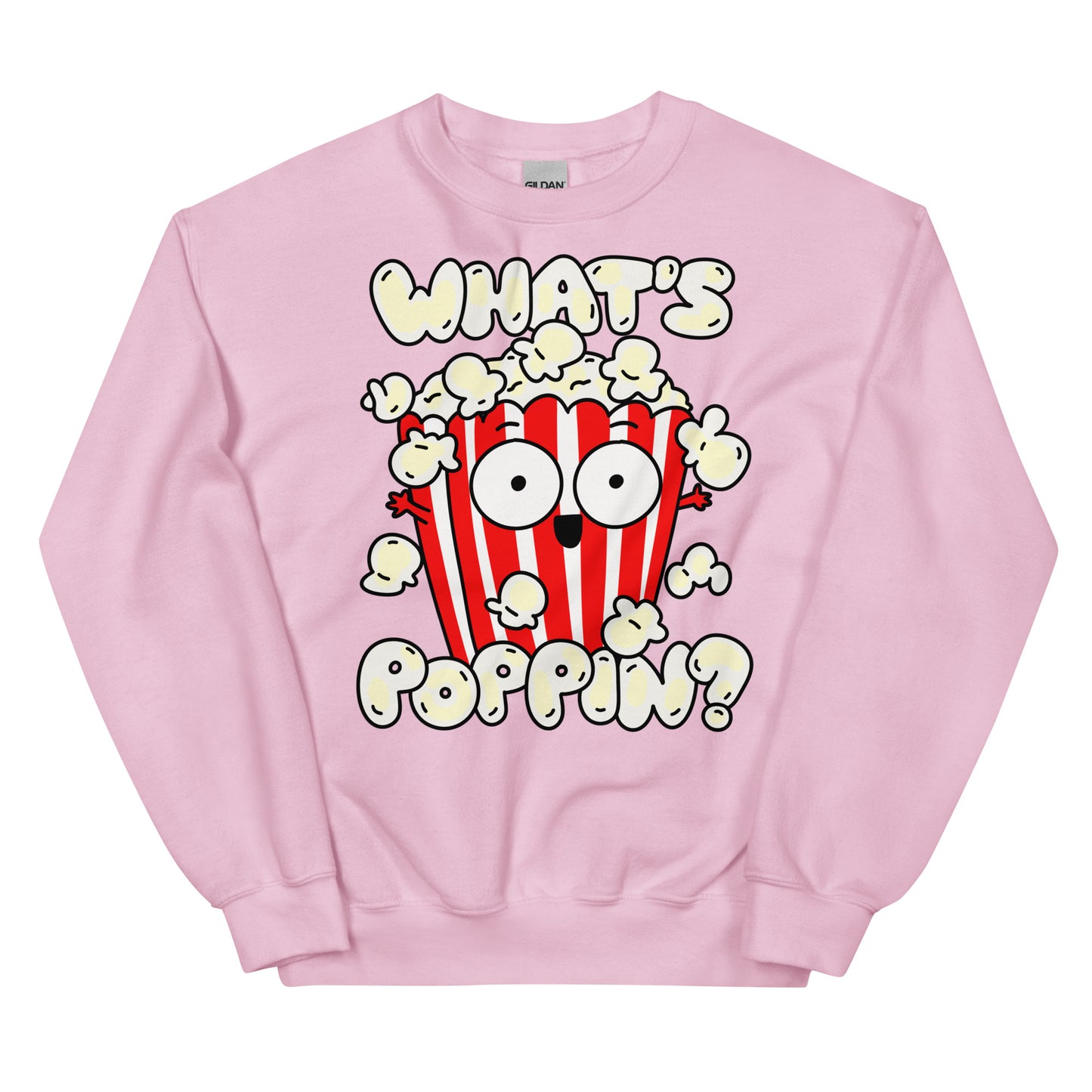 Keep warm and trendy with the Funny Popcorn Sweatshirt in light pink! With its witty "What's poppin!?" design, this sweatshirt is a must-have for those who enjoy clever puns. Crafted from cozy materials, it's the ideal pick for a laid-back outing or a cozy night in.