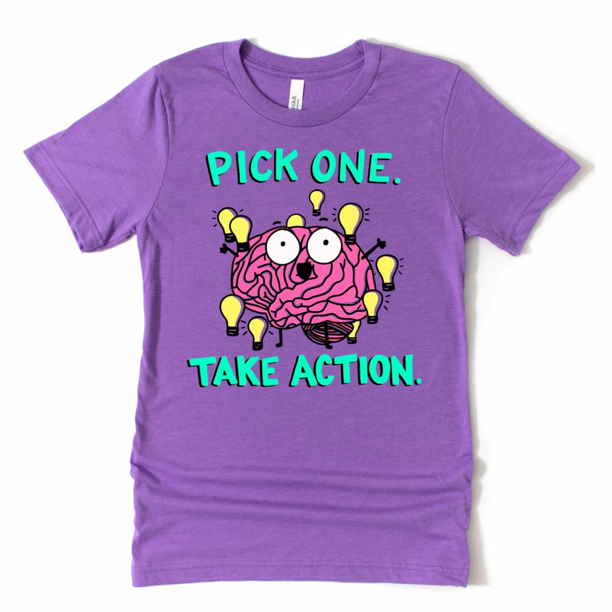 ADHD Graphic T Shirt in Heather Purple featuring cartoon brain with lightbulbs and “Pick one, take action” design, by Kalirally