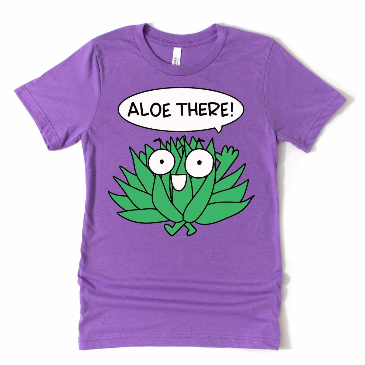 Aloe plant pun graphic tee with cartoon aloe and “Aloe there!” in Heather Purple by Kalirally