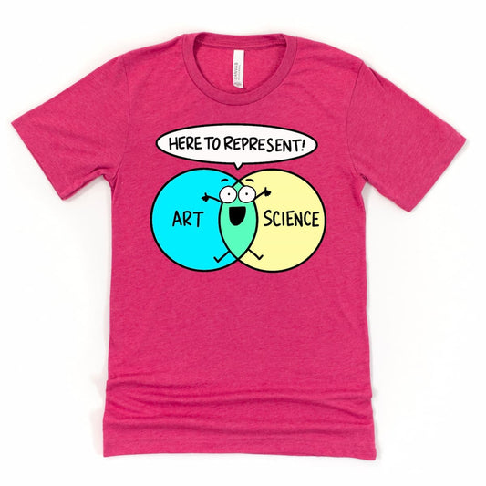 Heather Raspberry STEM/STEAM art and science shirt featuring a playful Venn diagram with cartoon character at the center, by Kalirally