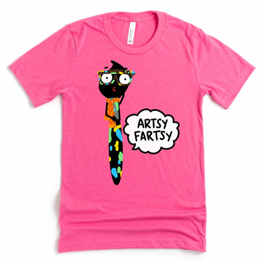 Artsy Fartsy Graphic Tee in Heather Charity Pink with cartoon paintbrush farting pun design, by Kalirally