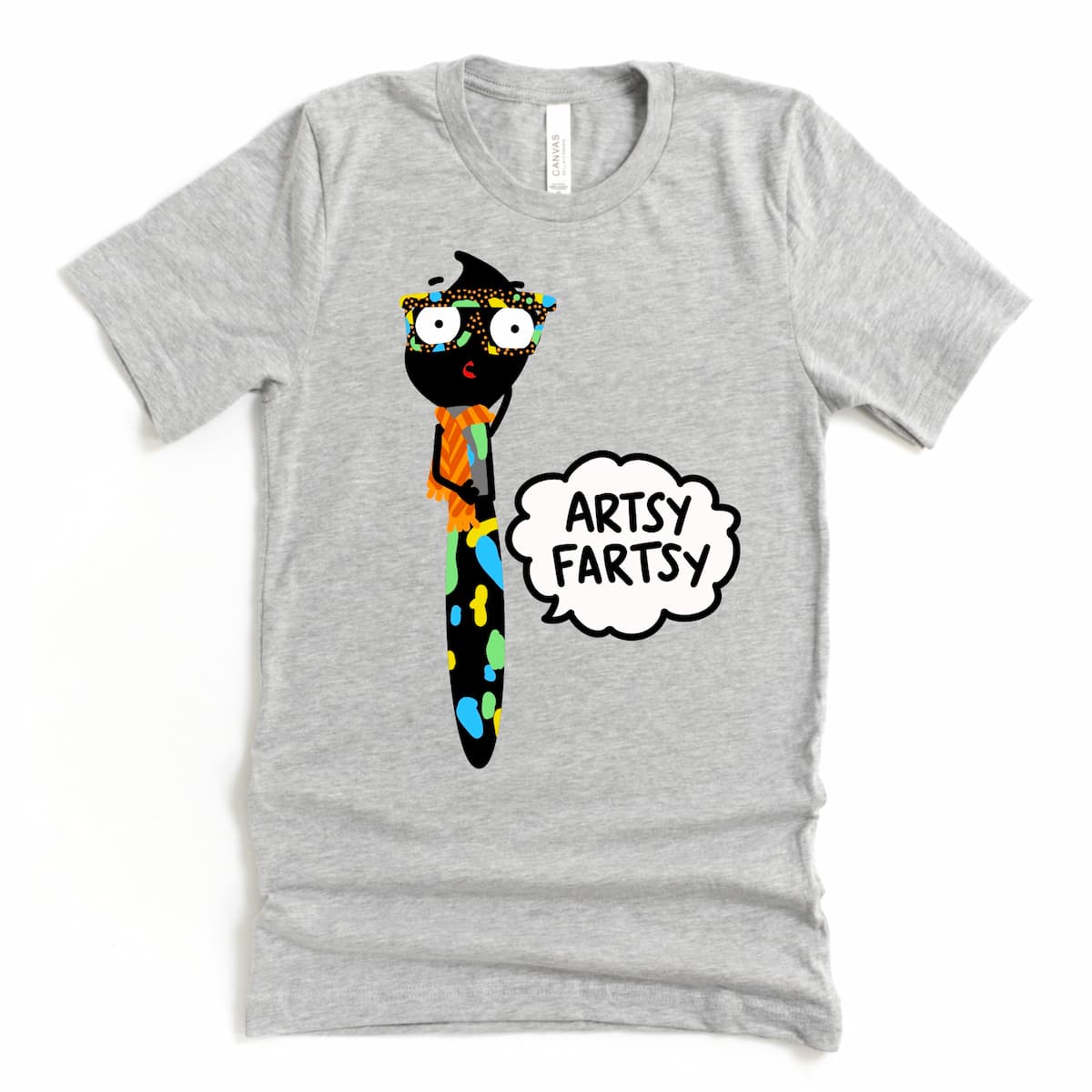 Artsy Fartsy Shirt in Athletic Grey with cartoon paintbrush farting graphic, perfect for art teachers and pun lovers, by Kalirally
