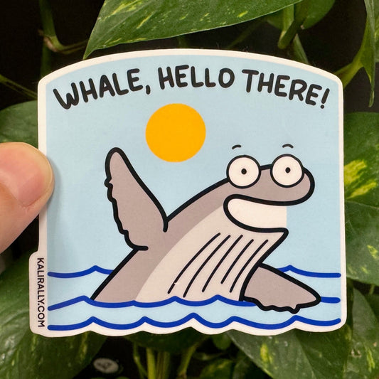 Fun Balleen Whale sticker with text 'Whale, hello there!', by Kalirally