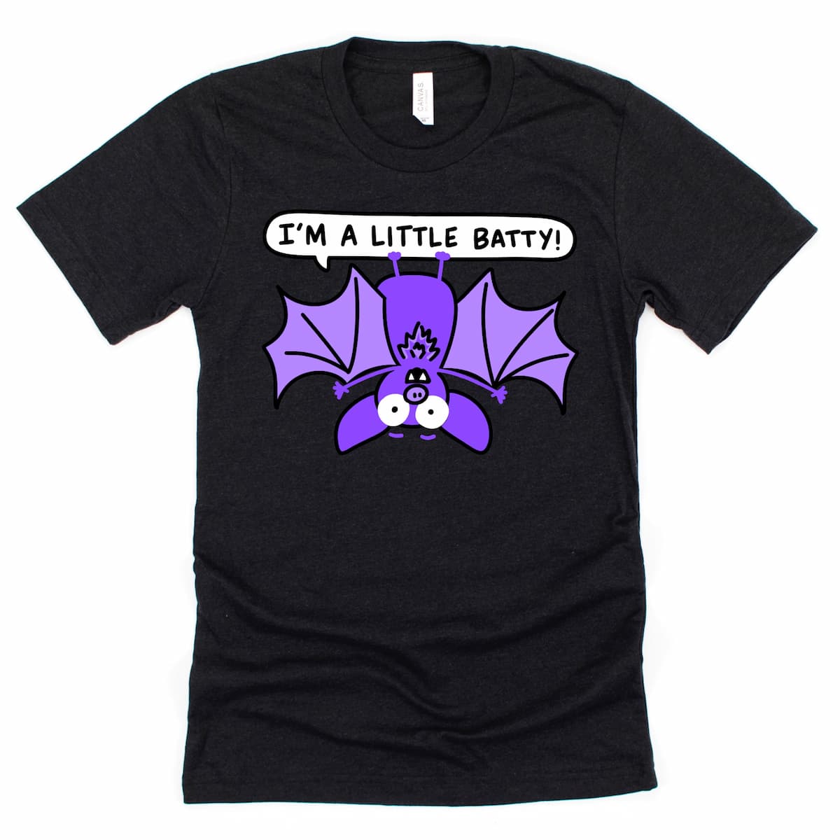Heather Black t-shirt with upside-down cartoon bat and text that says “I’m a Little Batty!”