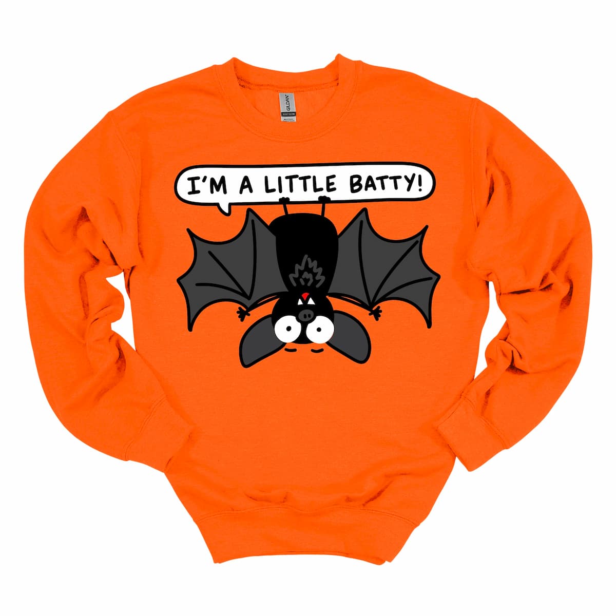 Orange “I’m a Little Batty!” Cute Halloween Bat Sweatshirt, cozy women’s crewneck for teachers, parents, and spooky season fun – by Kalirally