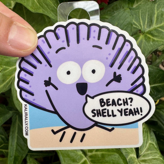 Cartoon seashell with the phrase “Beach?! Shell Yeah!” — funny vinyl beach sticker for water bottles, laptops, and more, by Kalirally