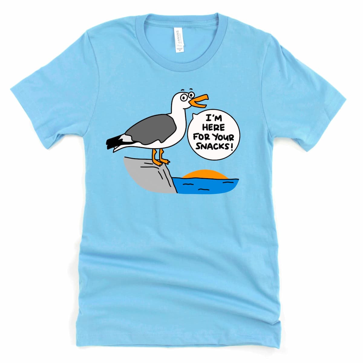 Beach Shirt in Ocean Blue with cartoon seagull and phrase “I’m here for your snacks!” perfect for summer and vacations, by Kalirally
