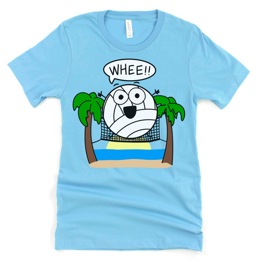 Light blue t-shirt with a cartoon design of beach volleyball yelling 'WHEE!!' in delight for this beach volleyball shirt by Kalirally