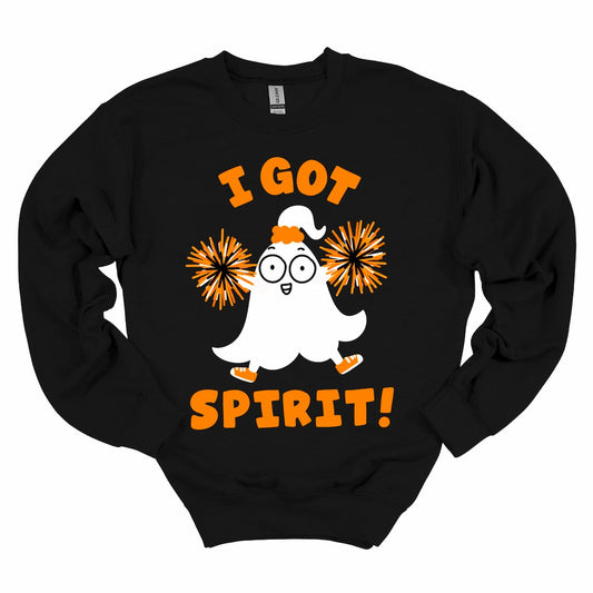 Black sweatshirt featuring cute cheerleading ghost and “I Got Spirit!” text — Halloween sweatshirt by Kalirally