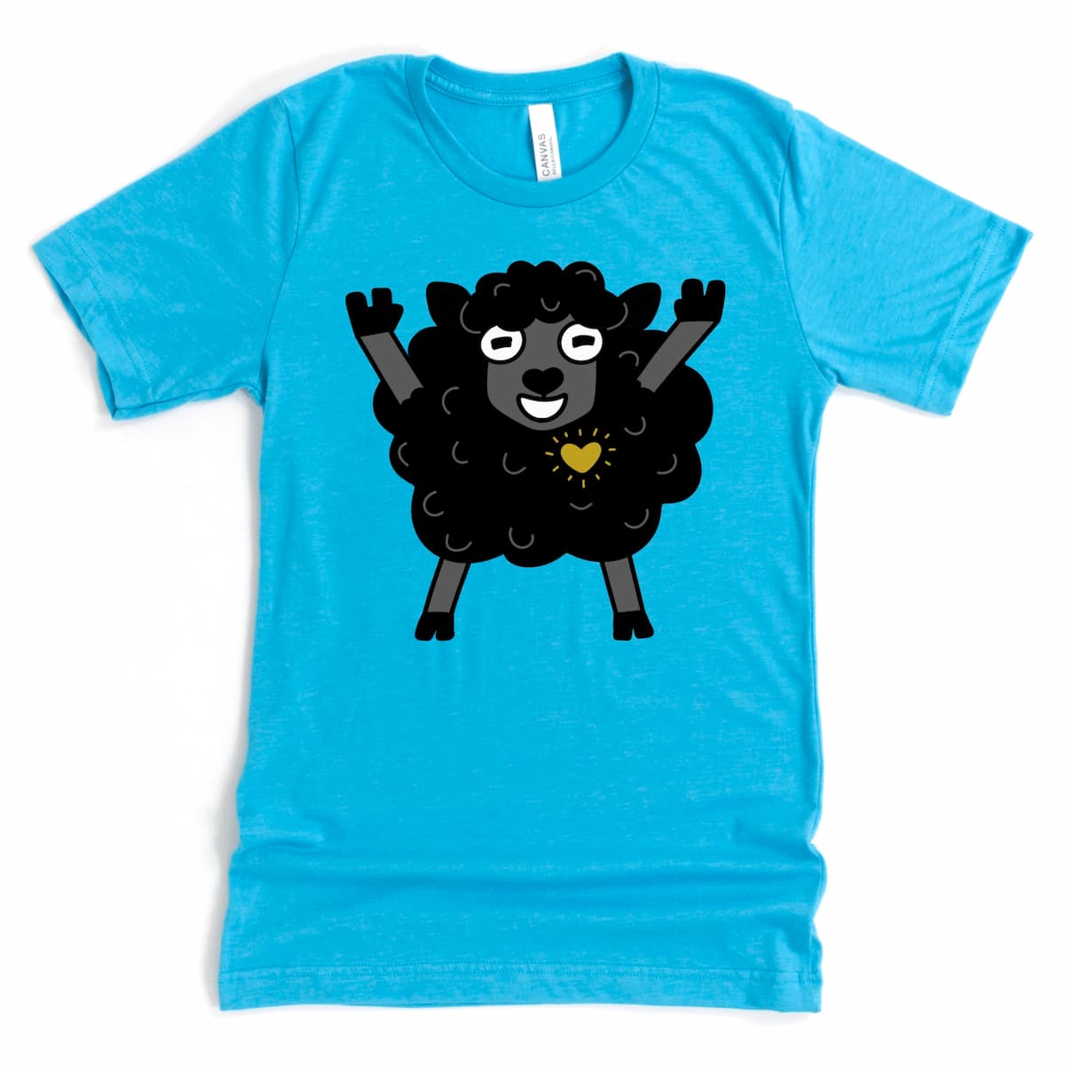 Black Sheep shirt featuring a cute black sheep with a heart of gold doing the rock and roll hand stance, heather aqua T-shirt Kalirally