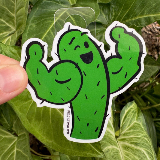 A picture of a 3x3" vinyl sticker of an illustrated cartoon cactus flexing its biceps, fun gym sticker by Kalirally.