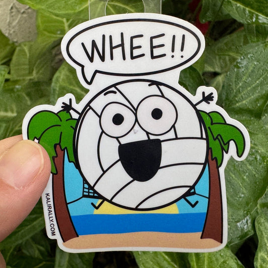 Cartoon volleyball soaring with the word “Whee!” — fun vinyl sticker for beach volleyball fans, by Kalirally.