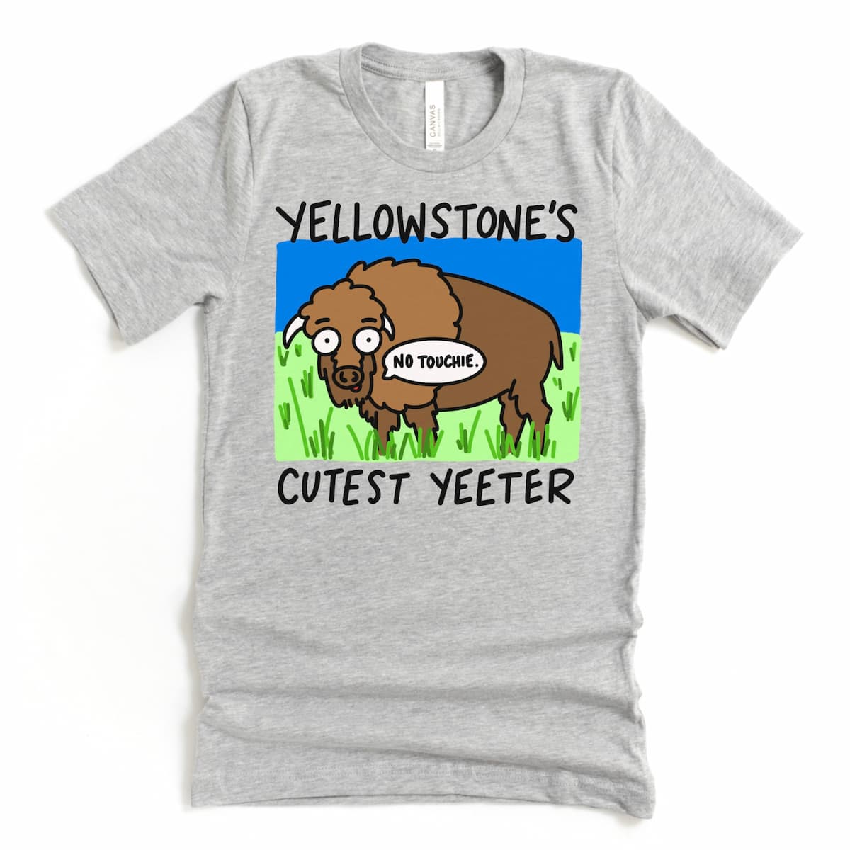 Cartoon Bison Yellowstone T Shirt in Heather Mint Green featuring “Yellowstone’s Cutest Yeeter” design, by Kalirally