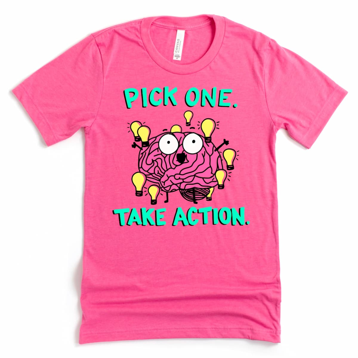 Cartoon Brain ADHD T Shirt in Heather Charity Pink with glowing lightbulbs and “Pick one, take action” phrase, by Kalirally