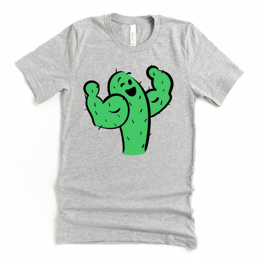 Athletic grey unisex t shirt with a cartoon cactus flexing, a cute cactus shirt for anyone who wants to share a smile, by Kalirally
