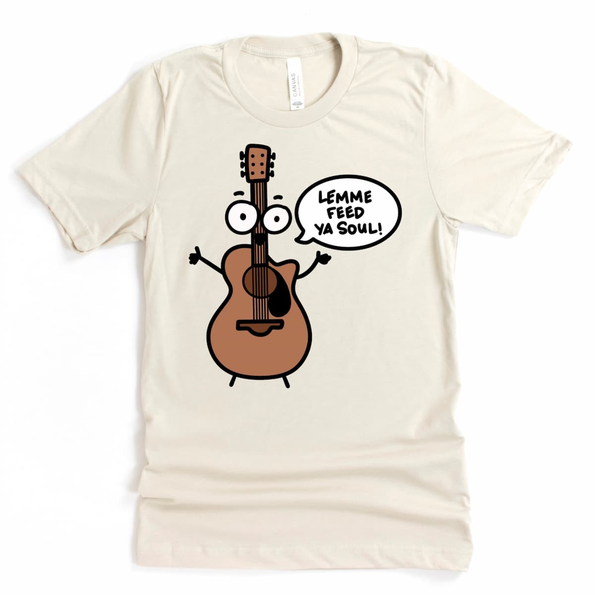 Heather Dust Acoustic Guitar Shirt with cartoon guitar graphic, funny music-themed tee by Kalirally