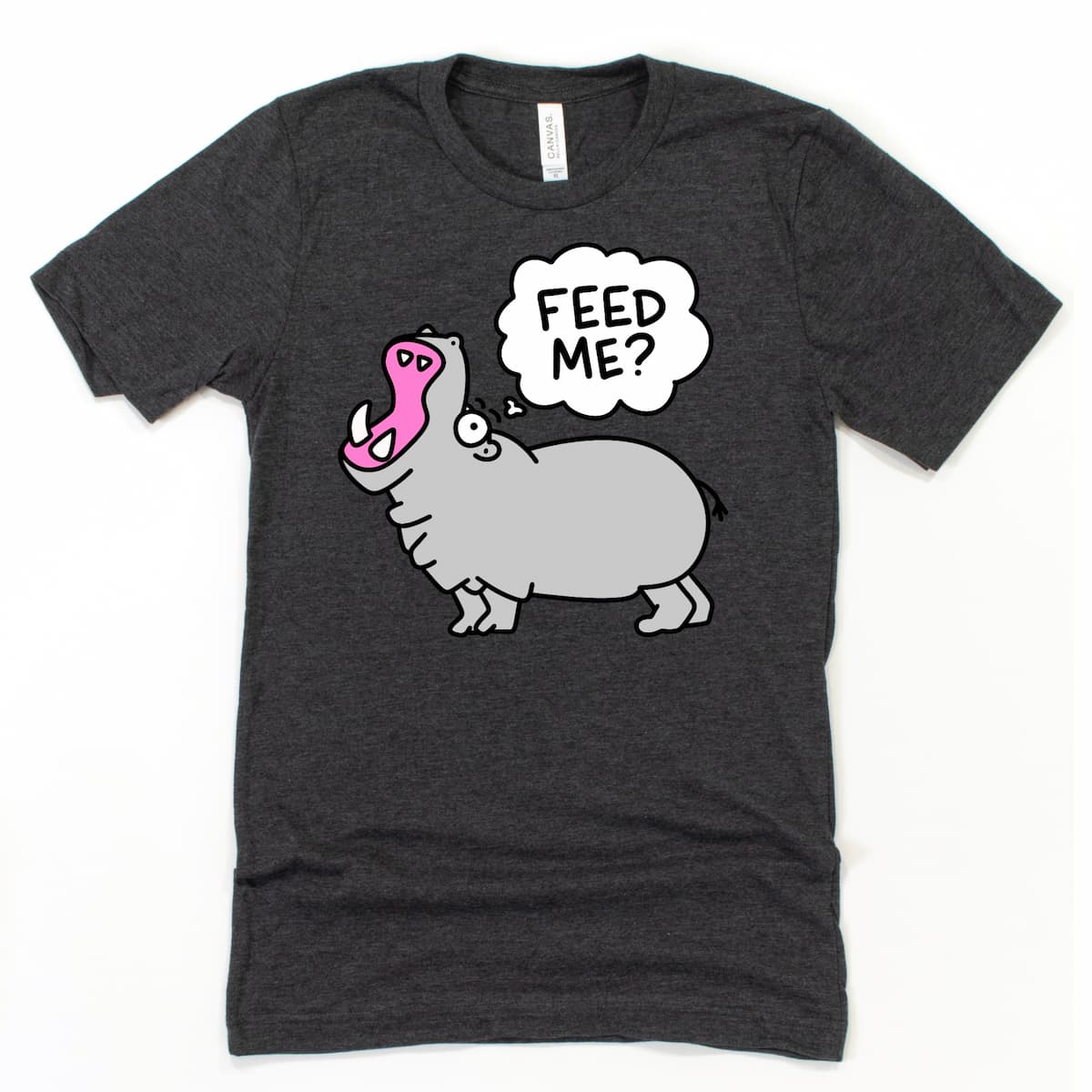 Cartoon Hungry Hippo Shirt in Heather Dark Grey featuring hippo graphic with “Feed Me?” phrase, funny foodie shirt by Kalirally