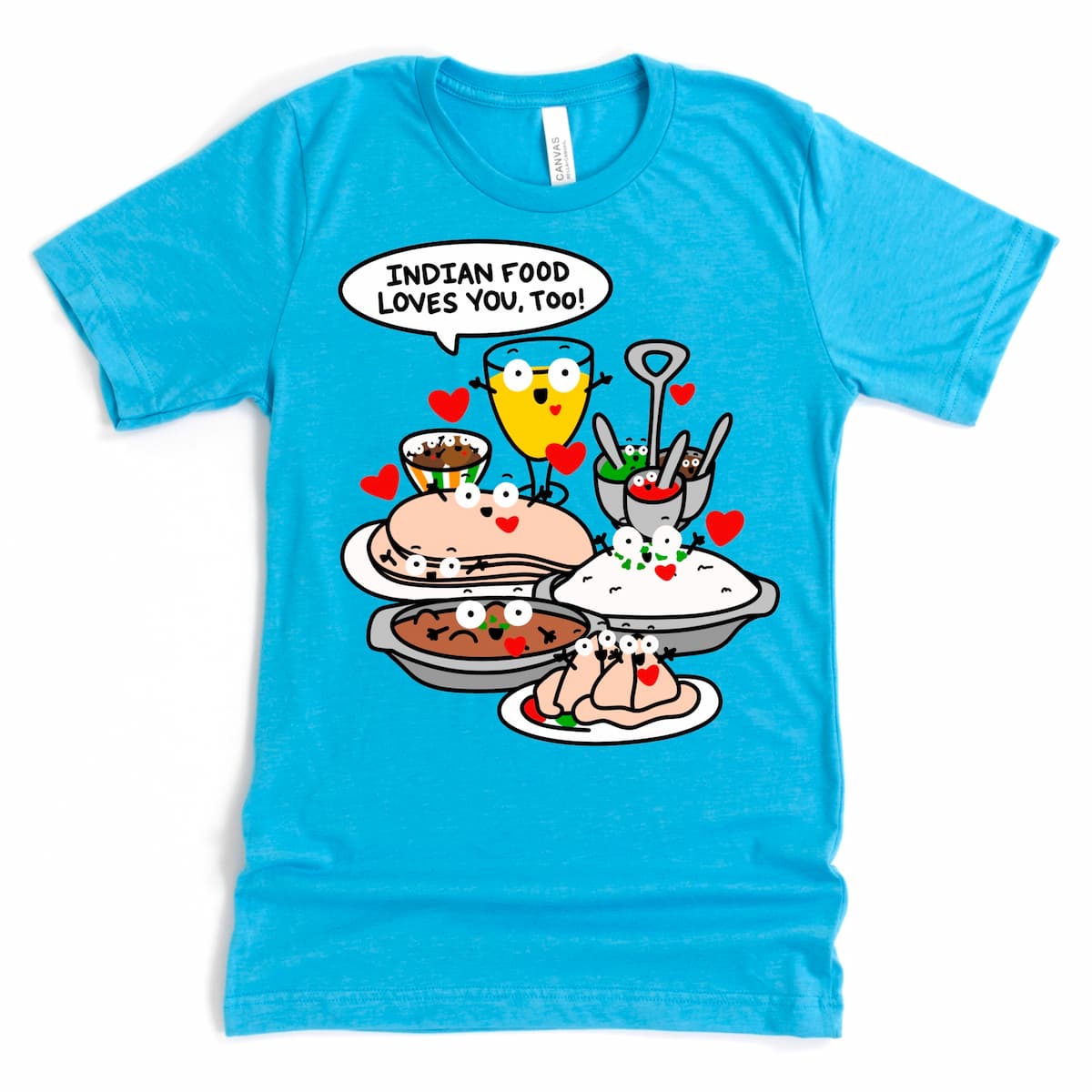 Cartoon Indian Cuisine Shirt in Heather Aqua featuring curry, mango lassi, samosas, rice and naan, gulab jamun with fun “Indian food loves you, too!” design, by Kalirally