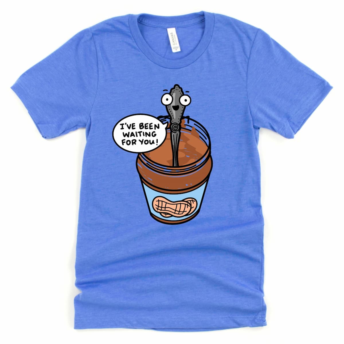 Playful peanut butter graphic tee in Heather Columbia Blue featuring cartoon jar and pun phrase, by Kalirally