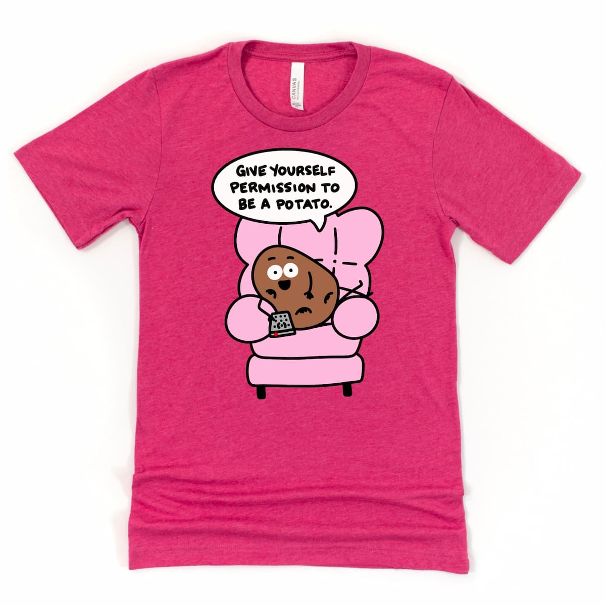 Cartoon Potato Self Care Shirt in Heather Raspberry featuring potato with TV remote and self-care phrase, by Kalirally
