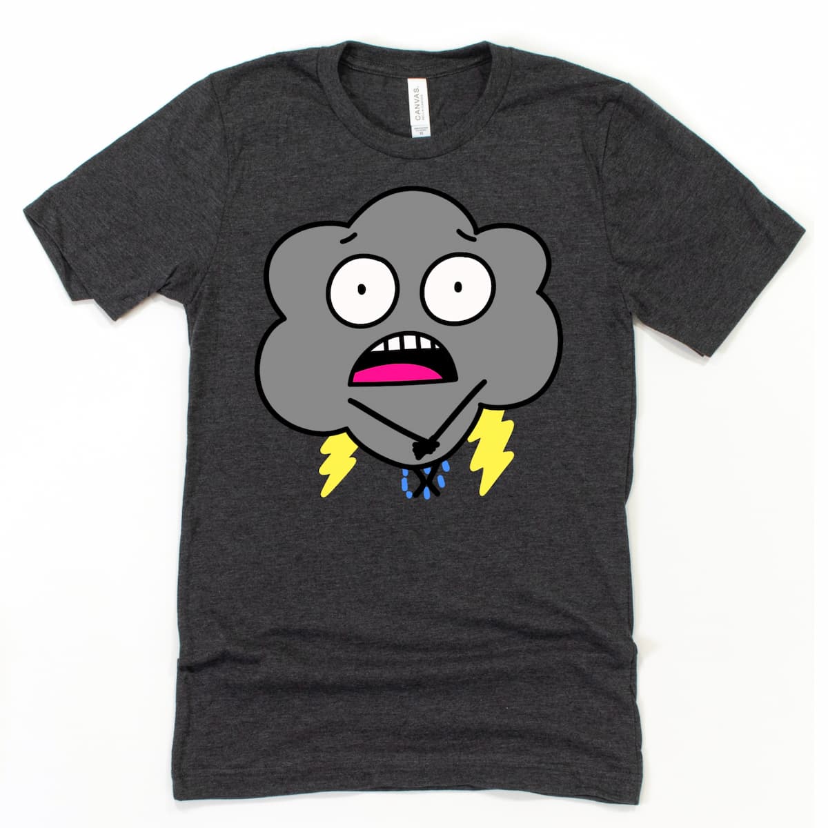 Cartoon Raincloud Shirt in Heather Dark Grey with worried raincloud doing potty dance, by Kalirally